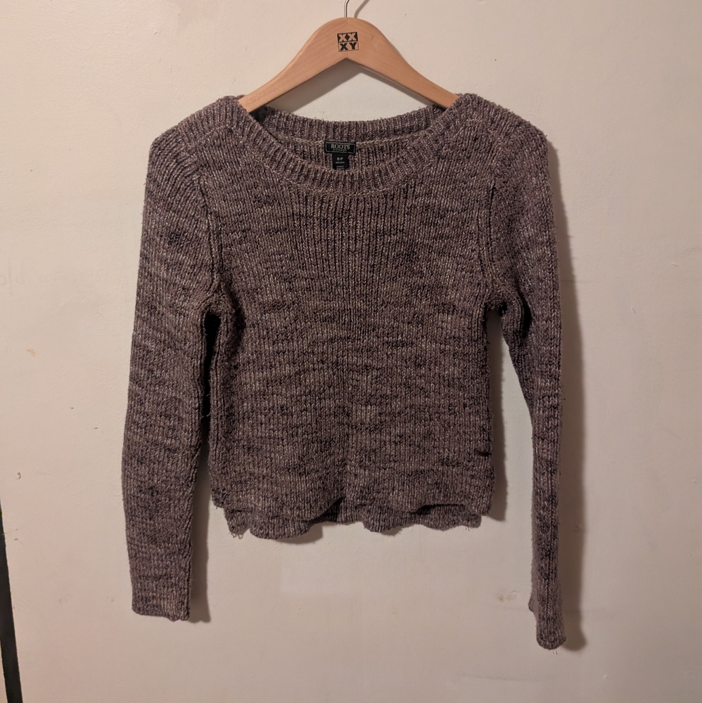 Roots Heathered Brown Cropped Boatneck Knit Cotton Sweater Size Small - Picture 2 of 12